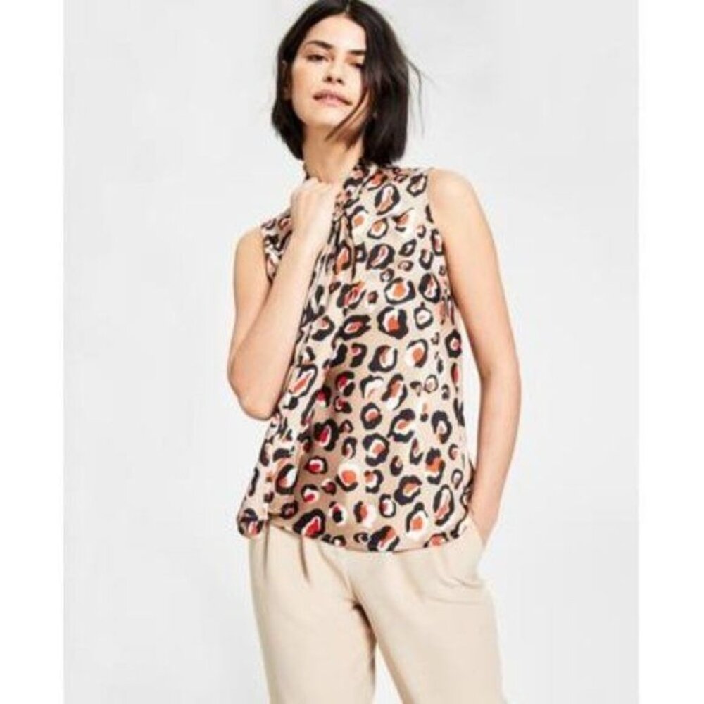 AJ-2567 Bar Iii Leopard-Print Sleeveless Bow Top Brown Size M